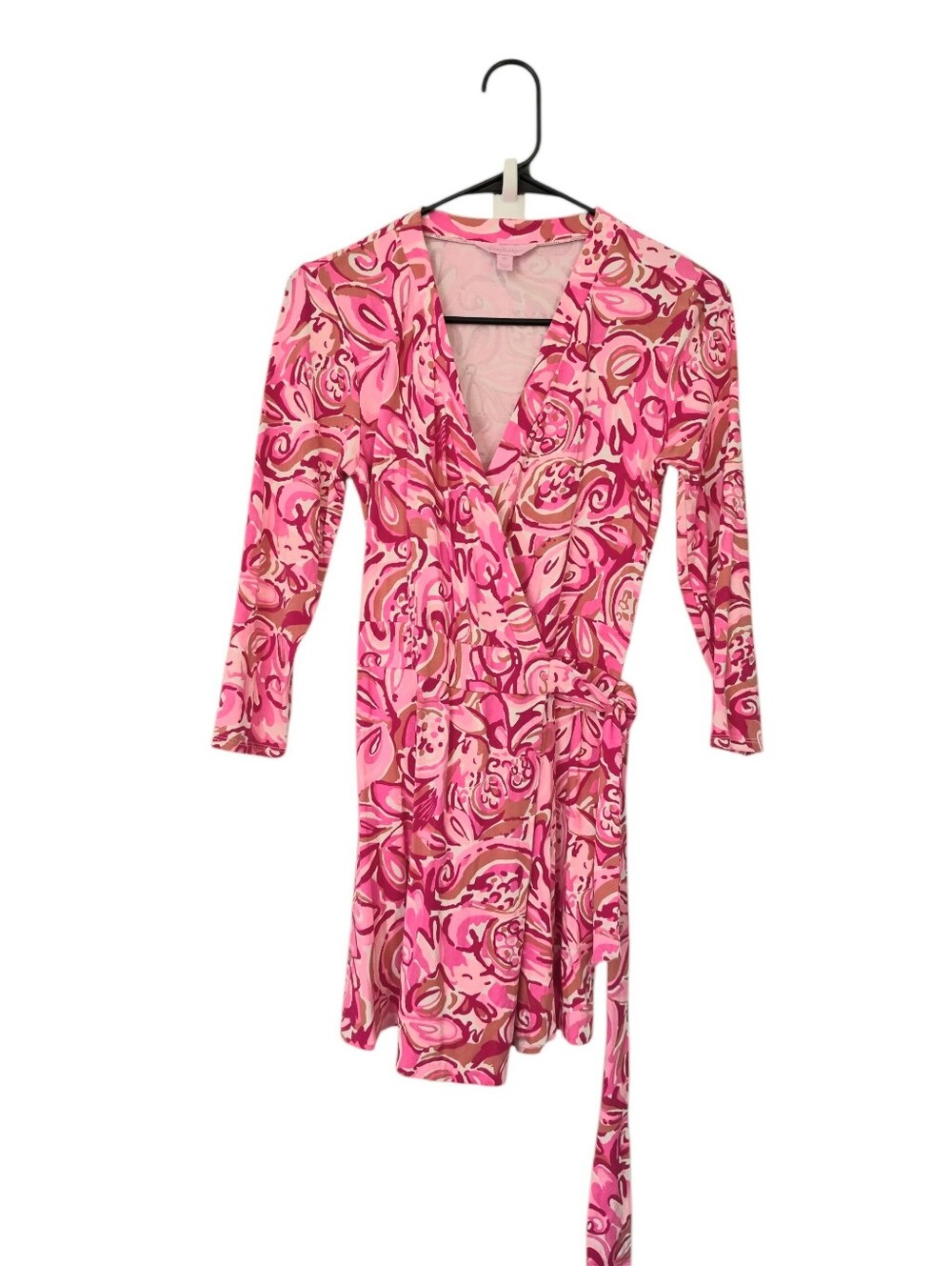 Lilly Pulitzer Karlie Wrap Romper in the Mango Salsa print featuring 3/4 Sleeve